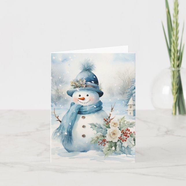 Snögubbe Blue Hat Scarf Snö täckte Träd Blank Kort (Framsida)