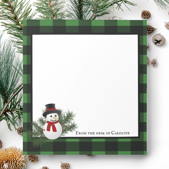 Snögubbe Buffalo Play Personlig Anteckningsblock (Green Smiling Snowman Buffalo Plaid Personalized Notepad)