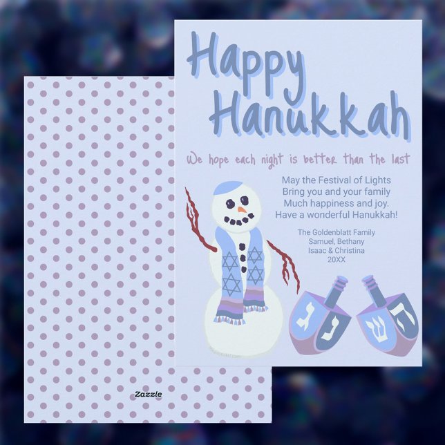 Snögubbe Dreidels Blue Cute Celebrate Hanukkah Julkort (It's easy to personalize these cute snowman and dreidels Hanukkah cards for friends and family)