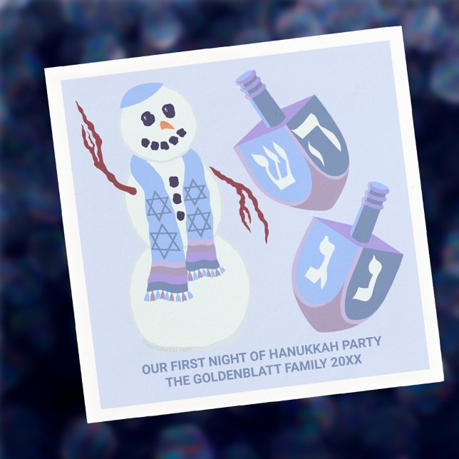 Snögubbe Dreidels Blue Personlig Cute Hanukkah Pappersservett (Perfect for Hanukkah parties and family gatherings, these custom paper napkins are too cute)