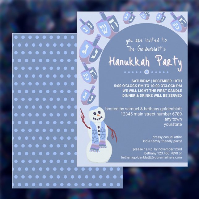 Snögubbe Dreidels Cute Hanukkah-Julfesten Inbjudningar (These cute Hanukkah party invitations are adorable for kids parties and fun for adult gatherings too)