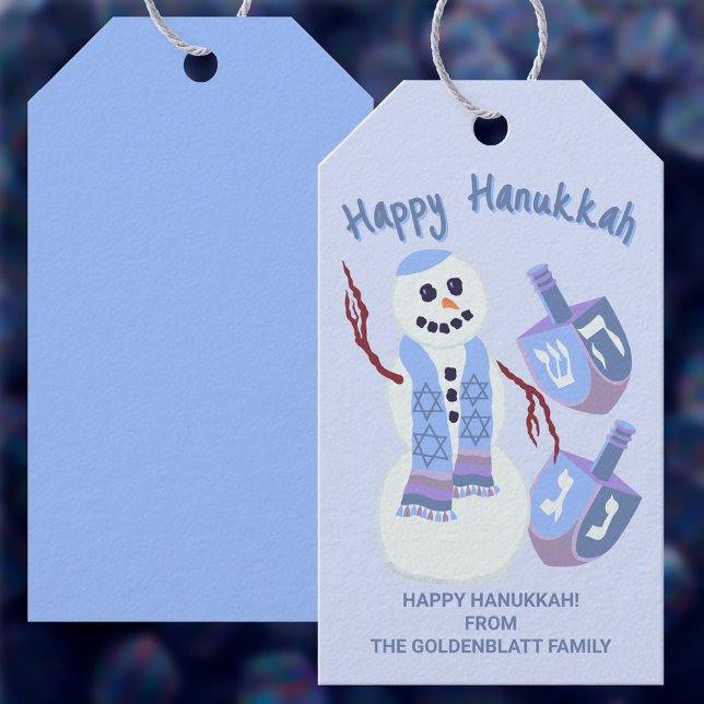 Snögubbe Dreidels Hanukkah Cute Roligt Blue and Wh Presentetikett (Add cute Happy Hanukkah gift tags with personalized text to your list of must haves for the holiday)