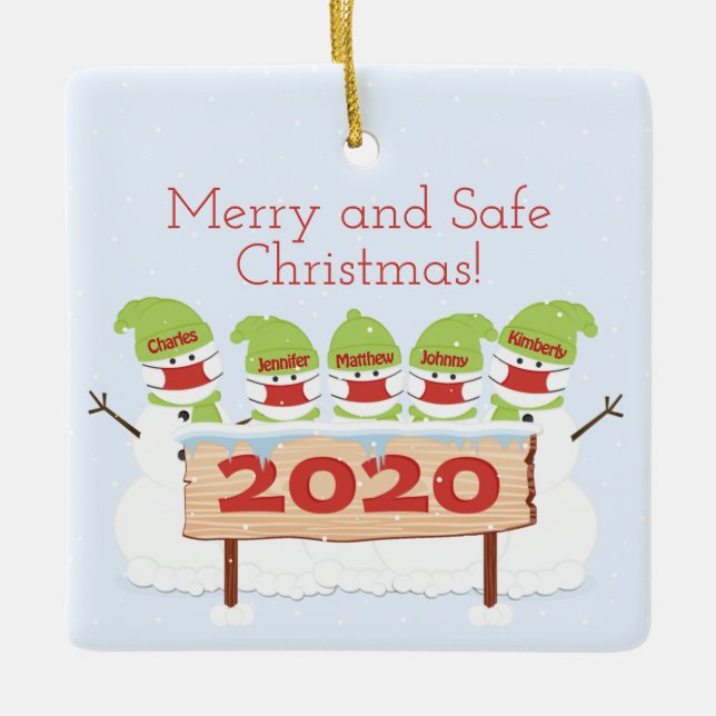 Snögubbe-familjen med fem Ansikte-masker jul 2020 Julgransprydnad Keramik (Framsida)