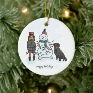 Snögubbe, flicka och Hund Julgransprydnad Keramik