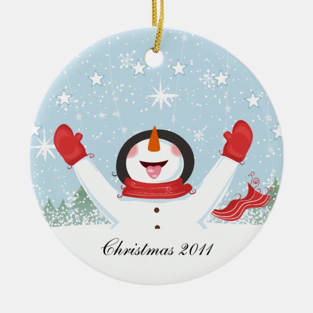 Snögubbe från vårt hus till er julgransprydnad keramik (Framsidan)