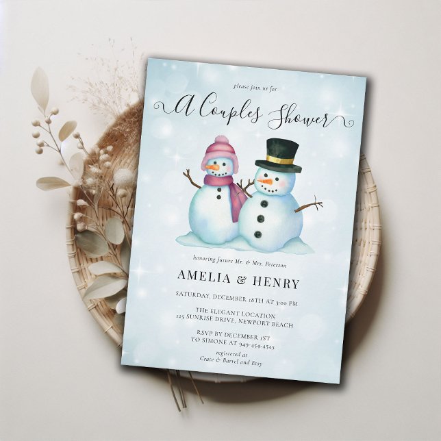 Snögubbe Funny Winter Par Möhippa Inbjudningar (couples shower winter bridal mr mrs snowman funny cute invitation watercolor blue pink casual coed )