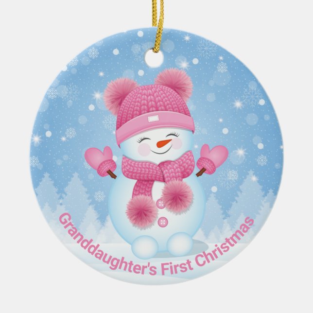 Snögubbe Girl First jul Round Ornament (Framsidan)