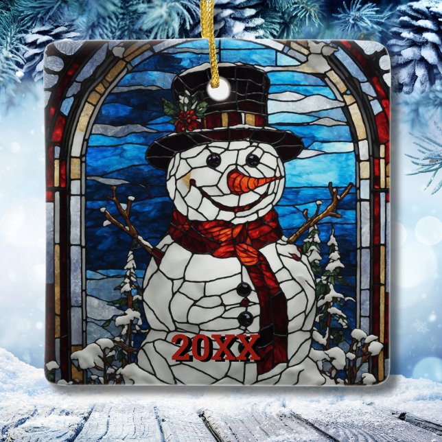 Snögubbe-glaset Stil jul Julgransprydnad Keramik (Snowman Stained Glass Style Christmas Ceramic Ornament
)