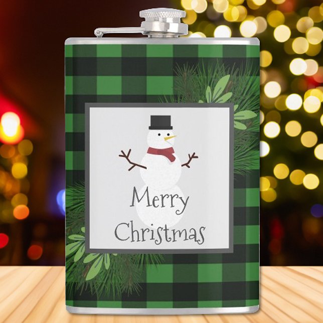 Snögubbe Grönt Buffalo-kolv Fickplunta (Green Snowman Buffalo Plaid Flask)