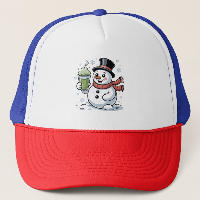 Snögubbe Holding Matcha Drink jul Keps (Framsida)