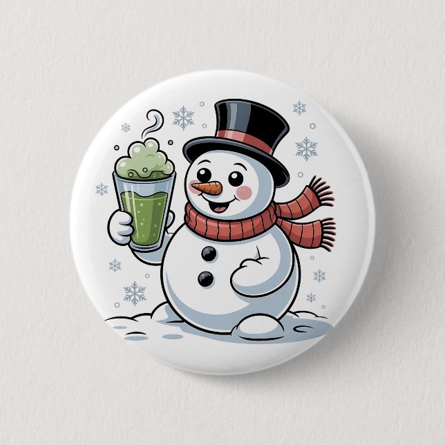 Snögubbe Holding Matcha Drink jul Knapp (Framsida)