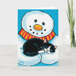Snögubbe Holding Sleeping Tuxedo Cat Painting Helgkort