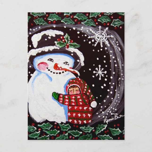 Snögubbe Hug Winter Folk art Vykort (Framsida)