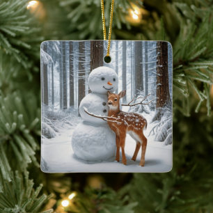 Snögubbe Hugger en Fawn Julgransprydnad Keramik