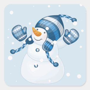 Snögubbe i Blue Mitts och Hat Fyrkantigt Klistermärke