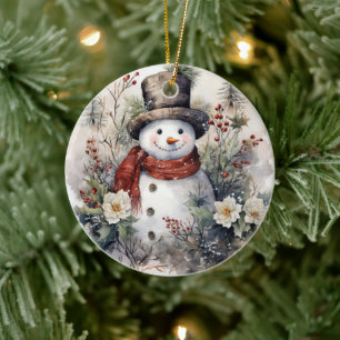 Snögubbe i en röd scarf jul julgransprydnad keramik