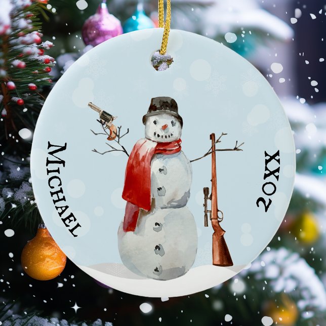 Snögubbe i vid skjutning av Gun Älskare Julgransprydnad Keramik (Skapare uppladdad)