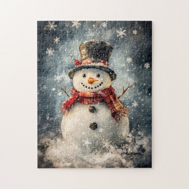 Snögubbe Illustration Rustic Snöflingor Pussel (Vertikal)