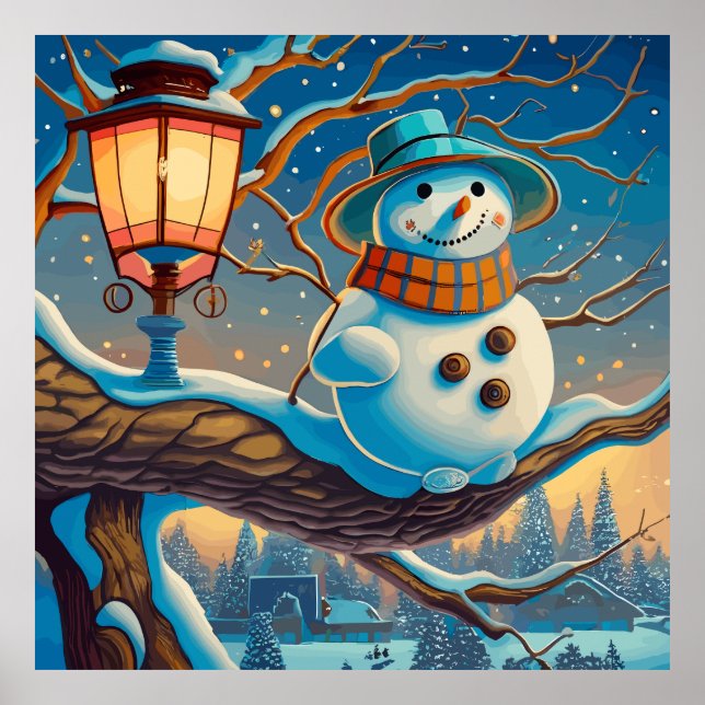 Snögubbe intill gatulampornas chrismas poster (Framsidan)