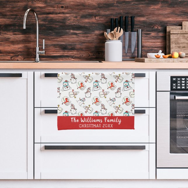 Snögubbe jul Mönster | Familj Namn 2026 Kökshandduk (Kitchen)