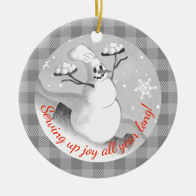 Snögubbe kock som serverar snöbullar julprydnad julgransprydnad keramik (Framsidan)