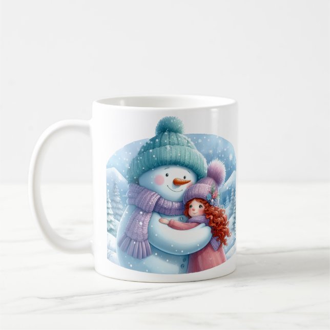 Snögubbe kramar en flicka i ett Winter Wonderland Kaffemugg (Vänster)