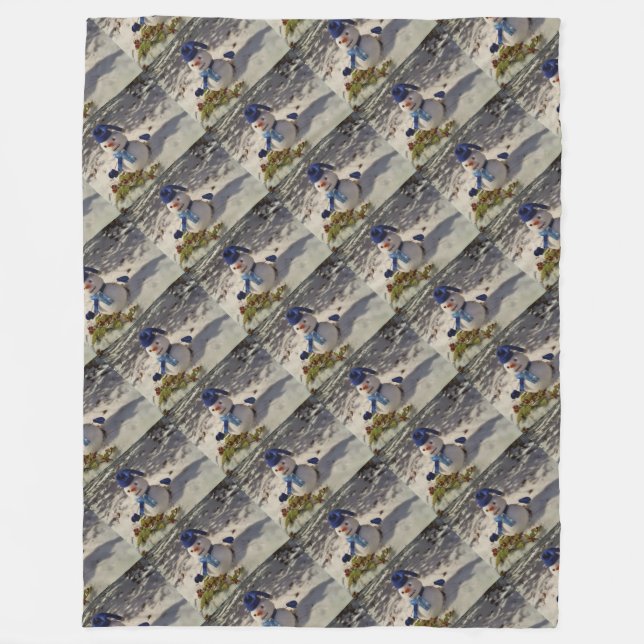 Snögubbe med blå hatt, handskar och scarf fleecefilt (Framsidan)