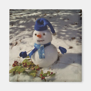Snögubbe med blå hatt, handskar och scarf magnet