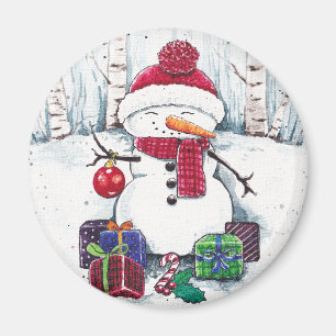Snögubbe med gåvor i vattenfärg magnet