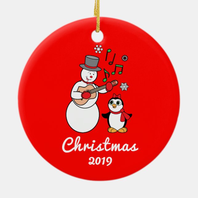 Snögubbe med gitarr- och pingvinårsanpassade julgransprydnad keramik (Baksidan)