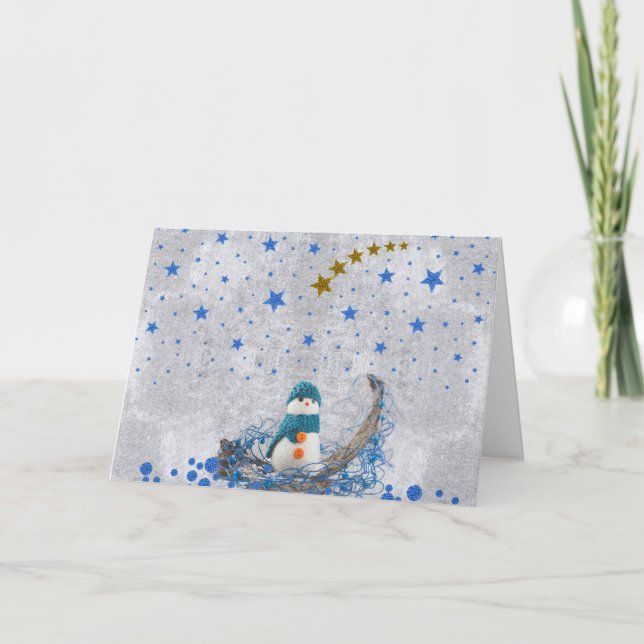 Snögubbe med glatt blå stjärnor helgkort (Framsida)