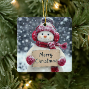 Snögubbe med God jul-tecken Julgransprydnad Keramik
