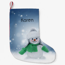 Snögubbe med grönt scarf liten julstrumpa