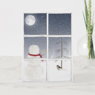 snögubbe med guld julstjärna i fönster kort