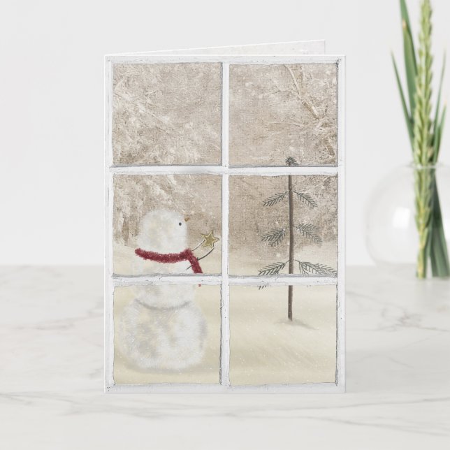 snögubbe med guld julstjärna i fönster kort (Framsida)