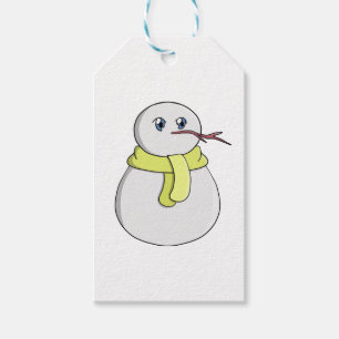 Snögubbe med gult scarf presentetikett