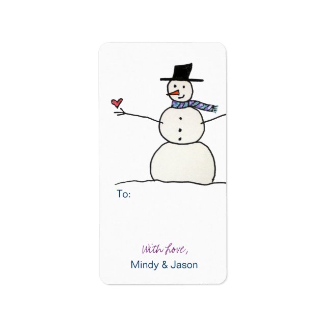 Snögubbe med Heart Gift-Märkre Adressetikett (Framsidan)