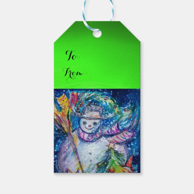 SNÖGUBBE MED JULGRAN OCH LEKSAK, Grönt Presentetikett (Framsidan)