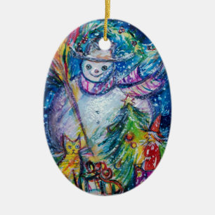 SNÖGUBBE MED JULGRAN OCH LEKSAKER JULGRANSPRYDNAD KERAMIK