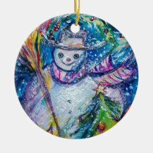 SNÖGUBBE MED JULGRAN OCH LEKSAKER JULGRANSPRYDNAD KERAMIK