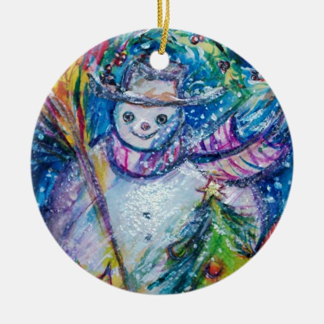 SNÖGUBBE MED JULGRAN OCH LEKSAKER JULGRANSPRYDNAD KERAMIK (Framsidan)