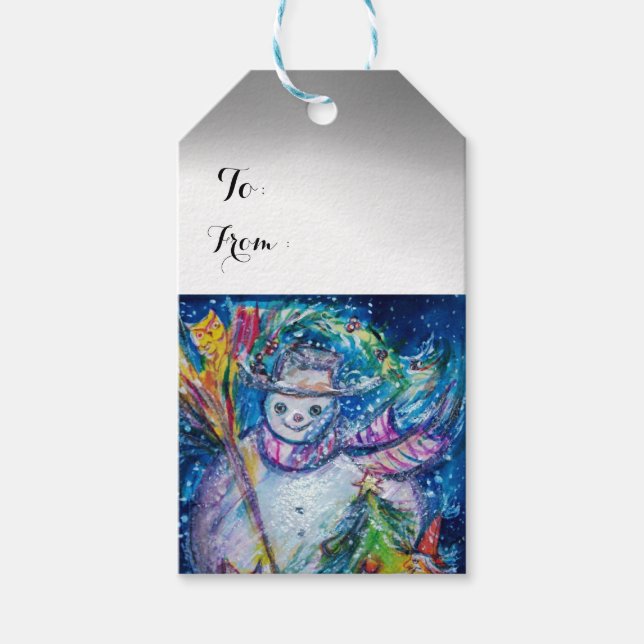 SNÖGUBBE MED JULGRAN OCH LEKSAKER PRESENTETIKETT (Framsidan)