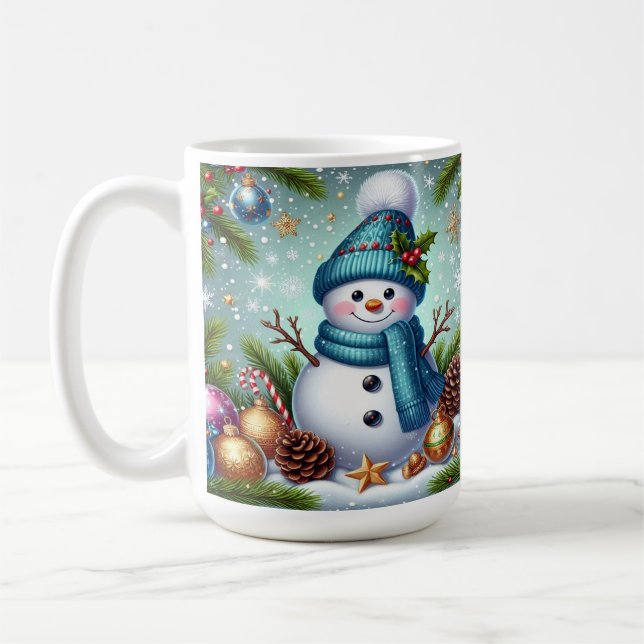 Snögubbe med Julgran Ornament, Snöflingor Kaffemugg (Vänster)