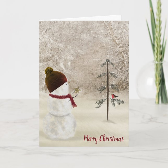 Snögubbe med julstjärnan Guld Helgkort (Framsida)