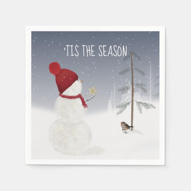 Snögubbe med julstjärnan pappersservett (Framsidan)