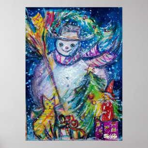 SNÖGUBBE MED LEKSAKER, vit blå gult Poster