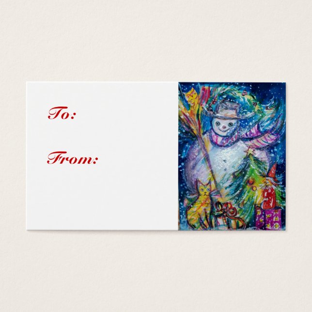 SNÖGUBBE MED LEKSAKER, vit blå gult Visitkort (Framsidan)