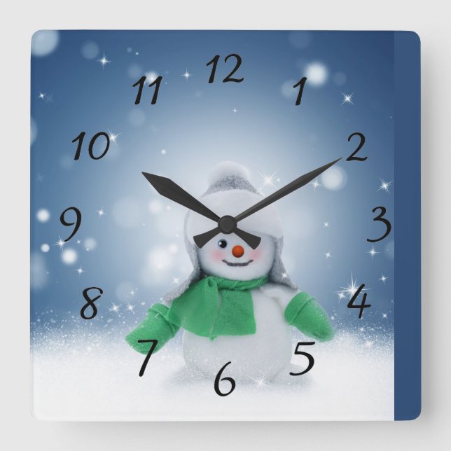 Snögubbe med liten grönt fyrkantig klocka (Framsida)