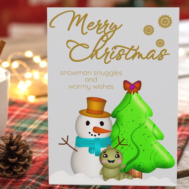 Snögubbe med mask och julgran julkort (Special hand drawn characters to bring a little fun into Christmas greetings.)