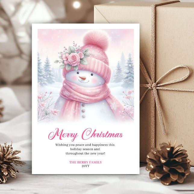 Snögubbe med rosa nyans för barn, julkort kan redi (Frosty pink snowman kids greeting card editable)